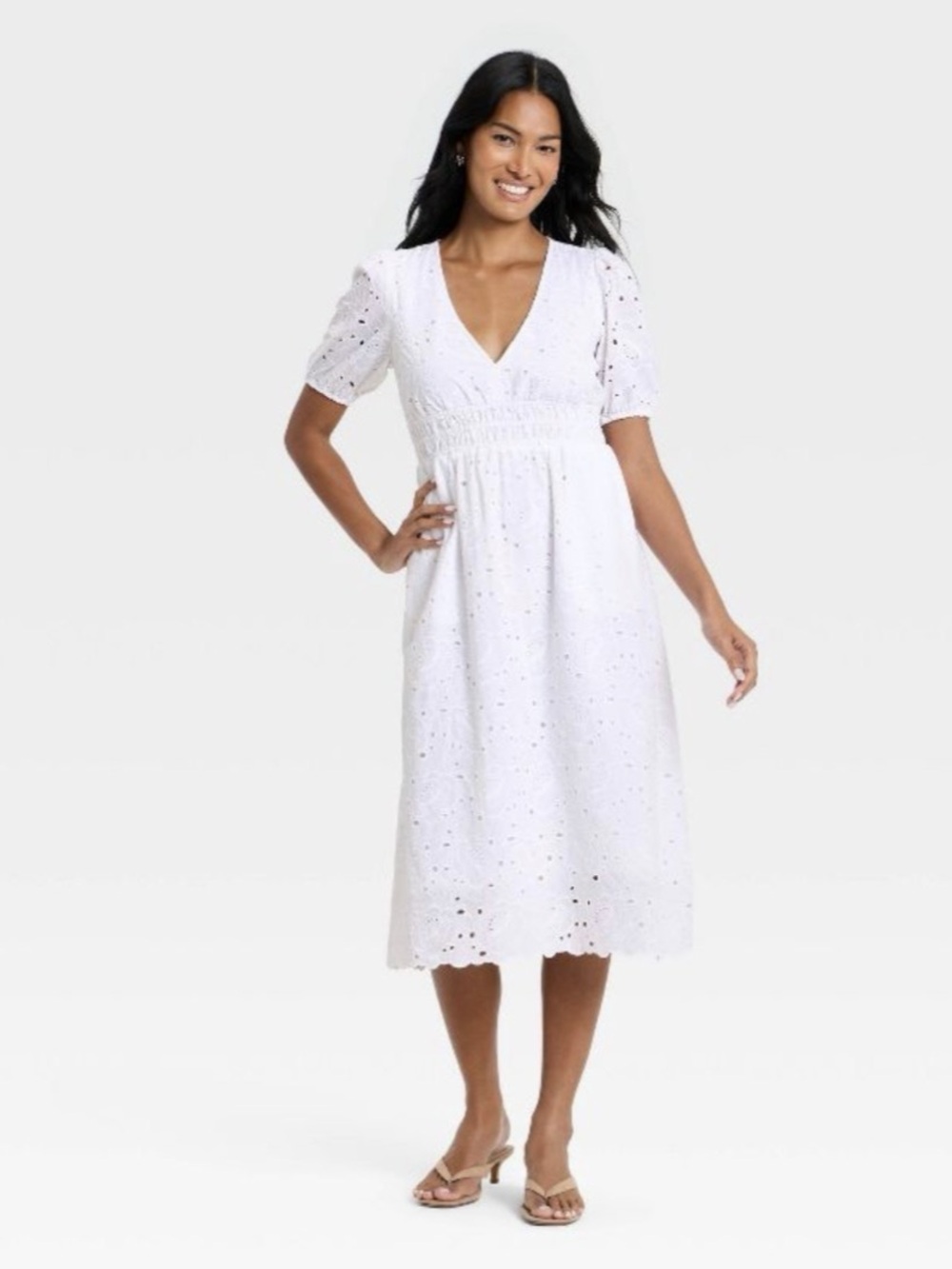 A New Day Women's Puff Elbow Sleeve Eyelet Midi Empire Waist Dress White NWT